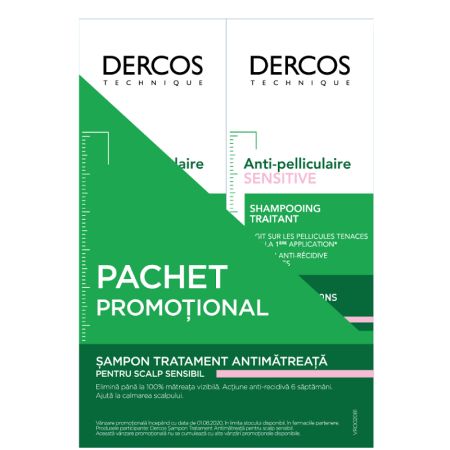 Pachet sampon antimatreata pentru scalp sensibil, Dercos, 2x200 ml, Vichy