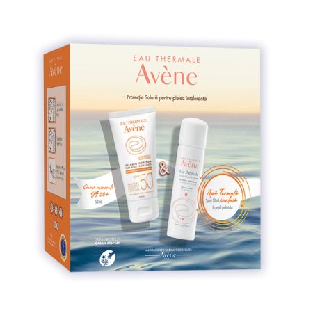 Pachet Crema minerala pentru protectie solara SPF 50+ Avene, 50 ml + Apa termala spray Avene, 50 ml, Pierre Fabre