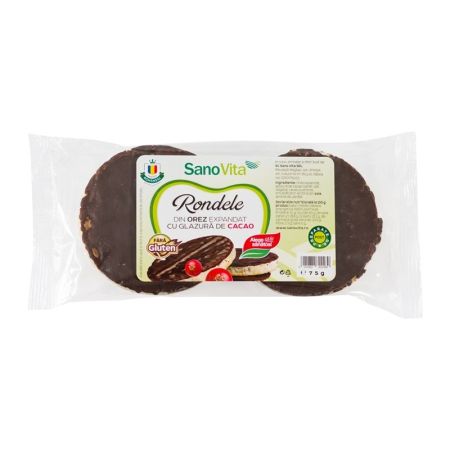 Rondele din orez expandat cu glazura de cacao, 75g, Sanovita