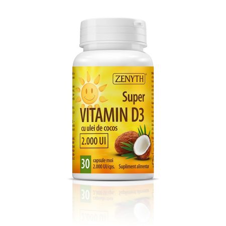 Super Vitamin D3 cu ulei de cocos, 2000 UI, 30 capsule, Zenyth