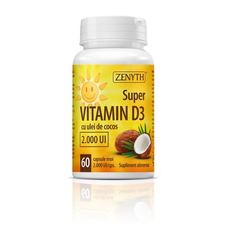 Super Vitamin D3 cu ulei de cocos,, 2000 UI, 60 capsule, Zenyth