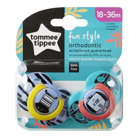 Suzete Ortodontice pentru fete, Zebra si Elefant, Fun Style, 18-36 luni, 2 buc, Tommee Tippee