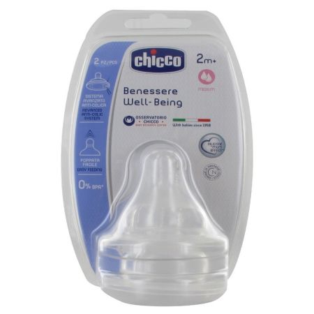 Tetina din silicon flux mediu cu sistem anticolici, 2 luni+, 2 buc, Chicco