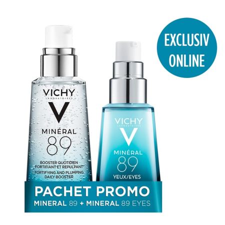 Pachet Mineral 89 gel booster zilnic cu efect de fortifiere si reumplere cu acid hialuronic 50 ml + Mineral 89 eyes gel contur ochi cu efect reparator si fortifiere 15 ml, Vichy