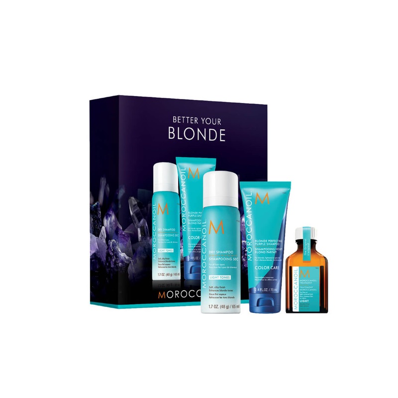 Mini Kit Better Your Blonde, Sampon Blonde Perfecting Purple 70 ml + Sampon uscat 65 ml + Tratament pentru toate tipurile de par 25 ml, Moroccanoil