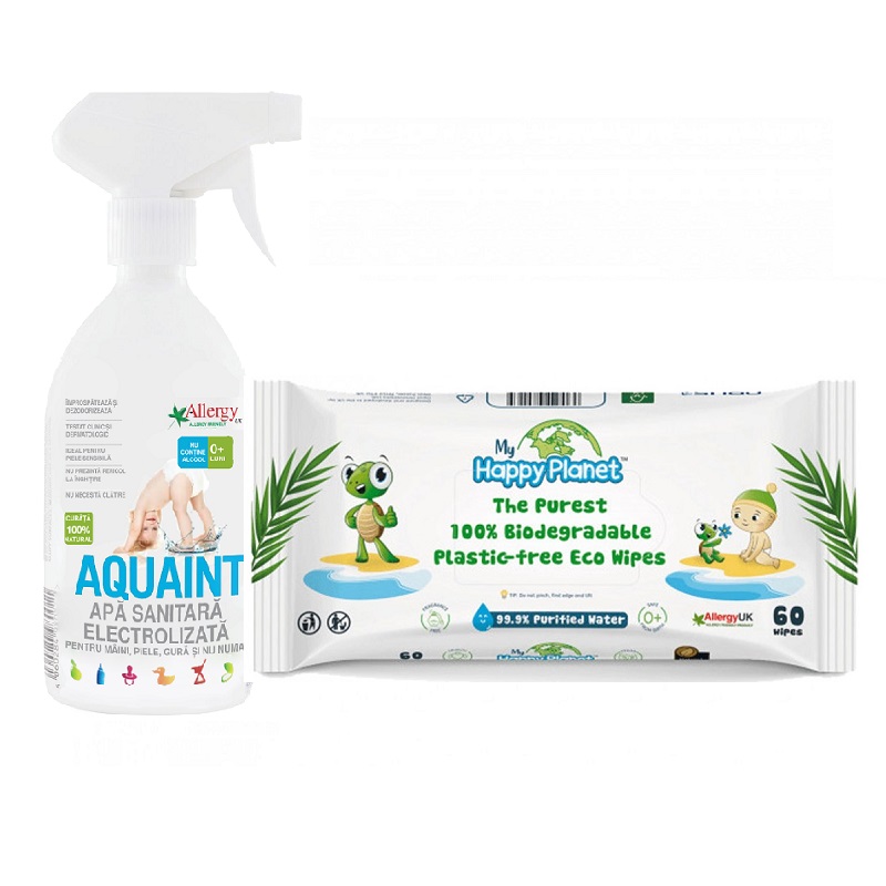 Oferta pachet, Apa sanitara Aquaint, 500 ml si Servetele umede Happy Planet 60 buc, Aquaint