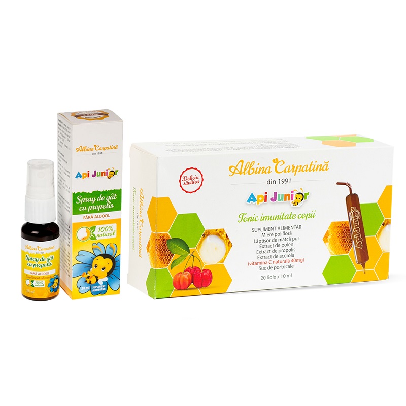 Pachet Api Junior, Tonic Imunitate Copii, 20 fiole x 10 ml si Spray de gat cu propolis, 20 ml,, Albina Carpatina