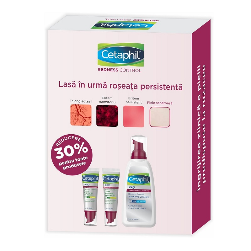 Oferta Pachet Cetaphil PRO Redness Control Crema hidratanta de zi cu SPF 30, 50 ml + Crema hidratanta de noapte, 50 ml + Spuma de curatare Cetaphil, 236 ml, Galderma