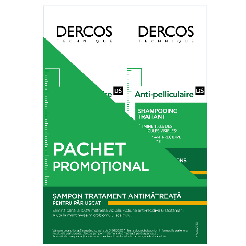 Pachet sampon antimatreata pentru par uscat Dercos, 2x200 ml, Vichy