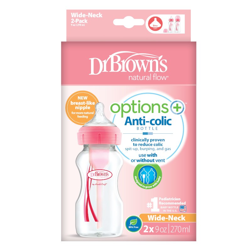 Pachet biberoane anticolici cu gat larg Options+ Roz, 270 ml, 2 buc, Dr Browns	