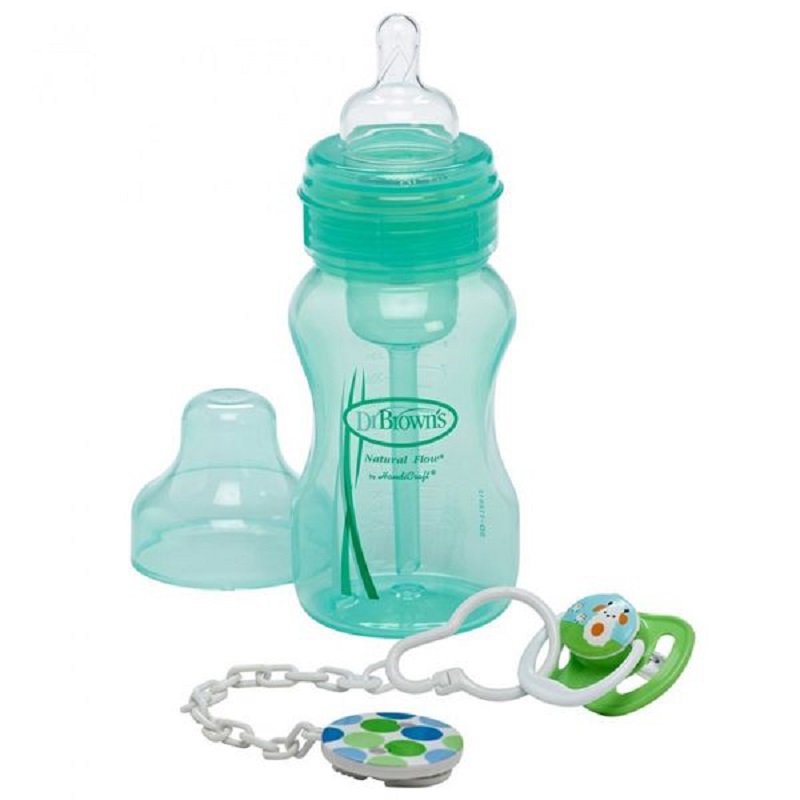 Set biberon verde cu lant si suzeta, nivelul 1, 240 ml, WB916, Dr. Browns