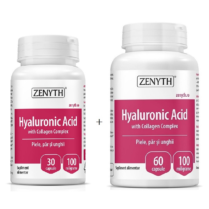 Pachet Hyaluronic Acid cu Collagen Complex, 100 mg, 30+60 capsule, Zenyth