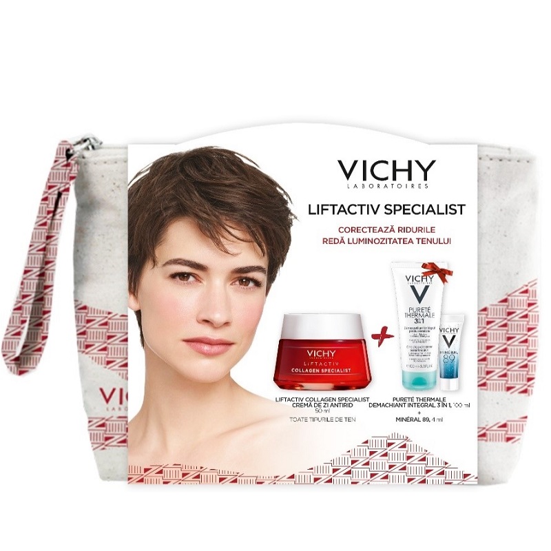 Pachet Liftactiv Collagen Specialist Crema de zi antirid, 50 ml + Purete Thermale Demachiant integral 3 in 1, 100 ml + Mineral 89 gel Booster 4 ml, Vichy