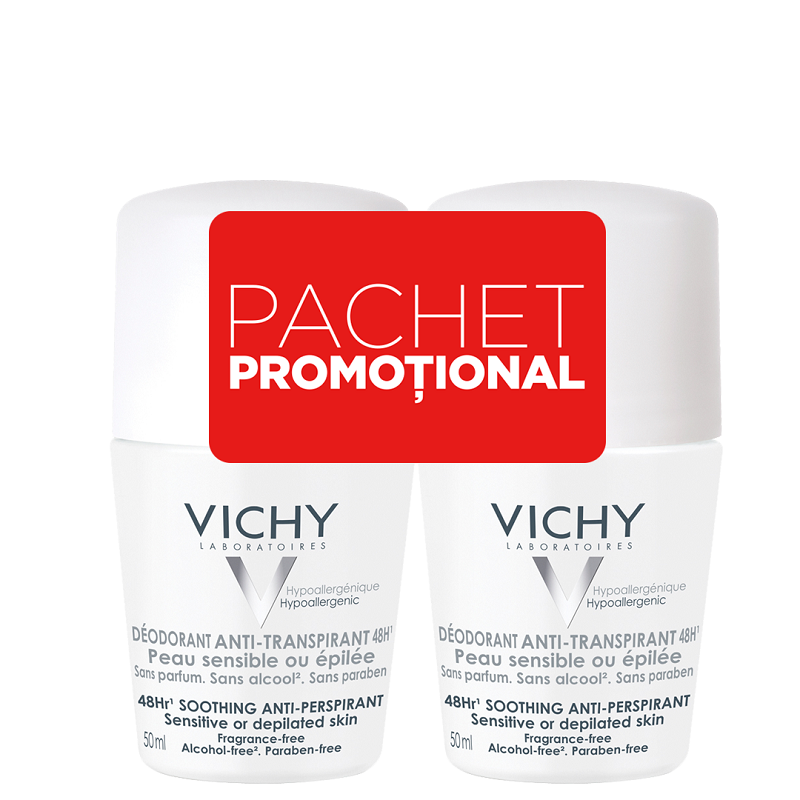 Pachet oferta, antiperspirant roll-on, pentru piele sensibila, 48H, Vichy