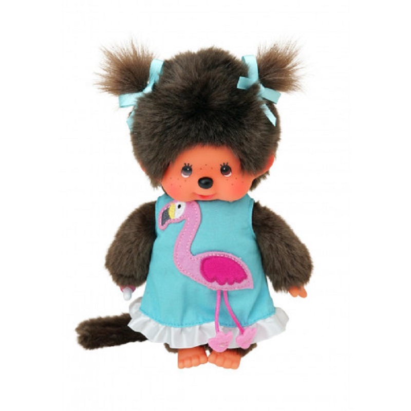 Papusa fetita in rochita cu flamingo, 20 cm, +3 ani, Monchhichi