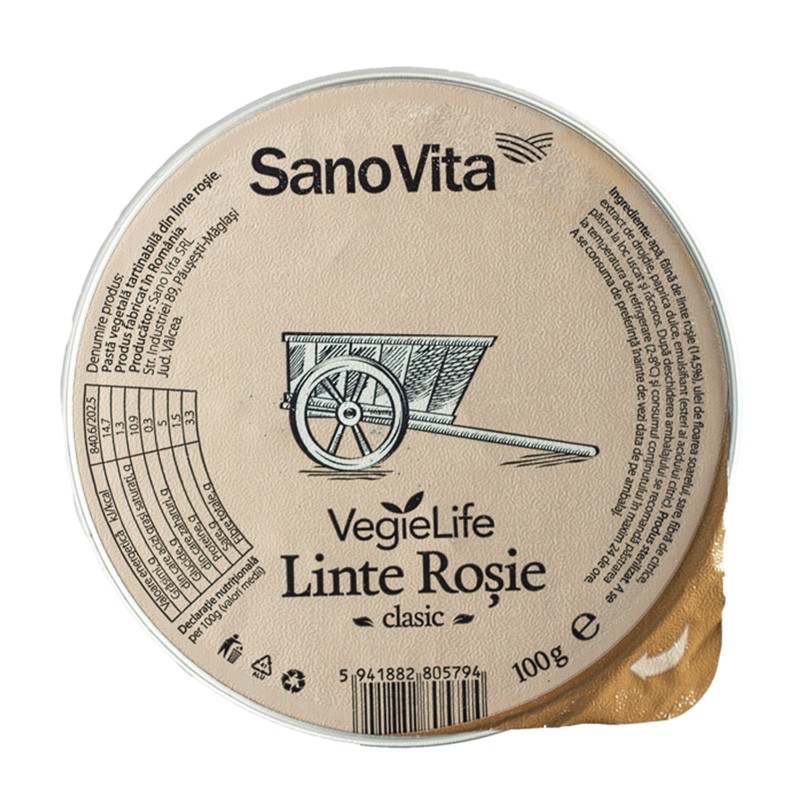 Pasta vegetala tartinabila din linte rosie VegieLife, 100 g, Sanovita