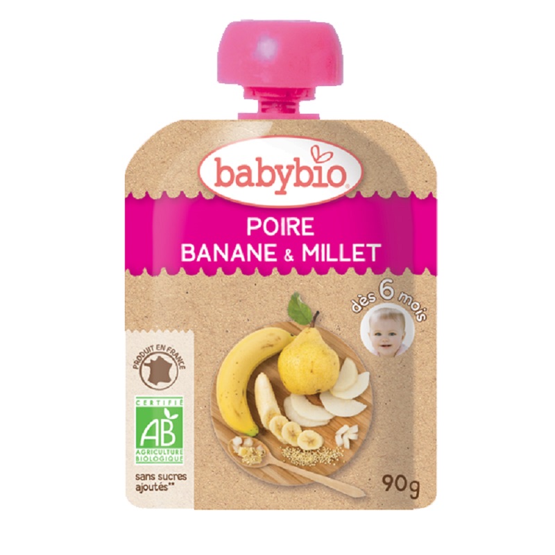 Piure Pouch de pere, banane si mei, 90 gr, Babybio