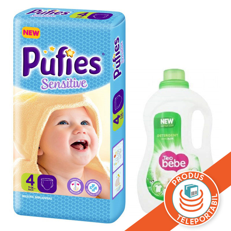 Oferta Pachet Scutece nr. 4 Pufies Baby Sensitive, 7-14 kg, 56 buc si Detergent Teo Bebe Soft Aloe, 1.1L, Ficosota