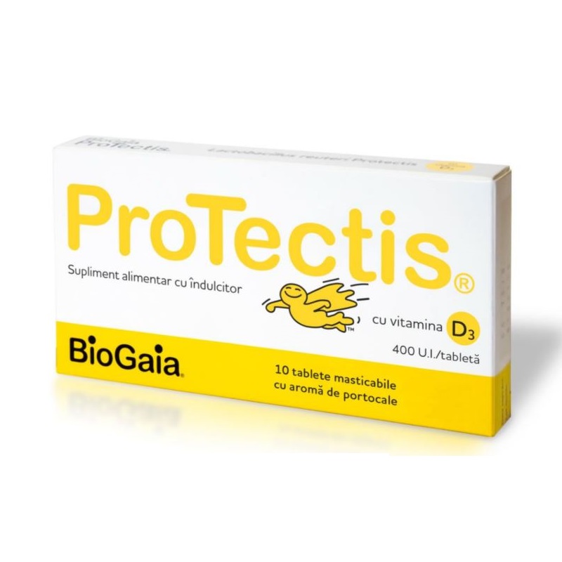 Protectis cu Vitamina D3 400UI aroma de portocale, 10 tablete masticabile, BioGaia