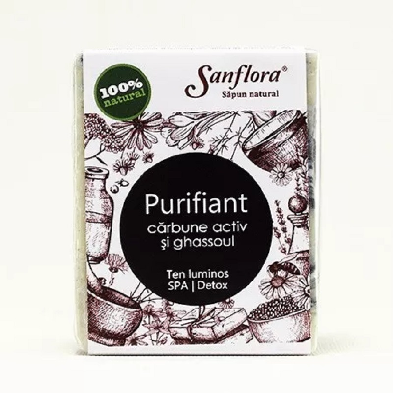 Sapun natural purifiant cu carbune activ si ghassoul, 100gr, Sanflora