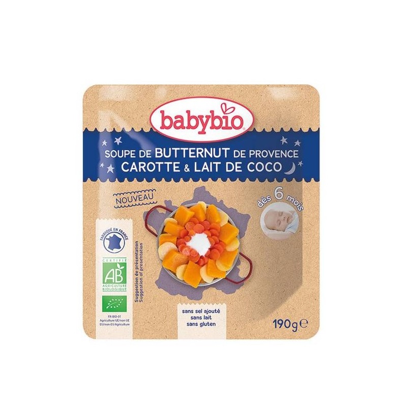 Supa Bio de dovleac butternut, morcov si cocos, 190 gr, Babybio