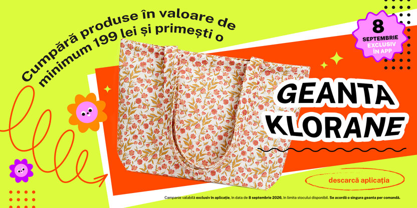 Cumpără produse în valoare de minimum 199 lei și primești o geanta Klorane.  Campanie valabilă exclusiv în aplicație, în data de 8 septembrie 2026, în limita stocului disponibil. Se acordă o singura geanta per comandă.