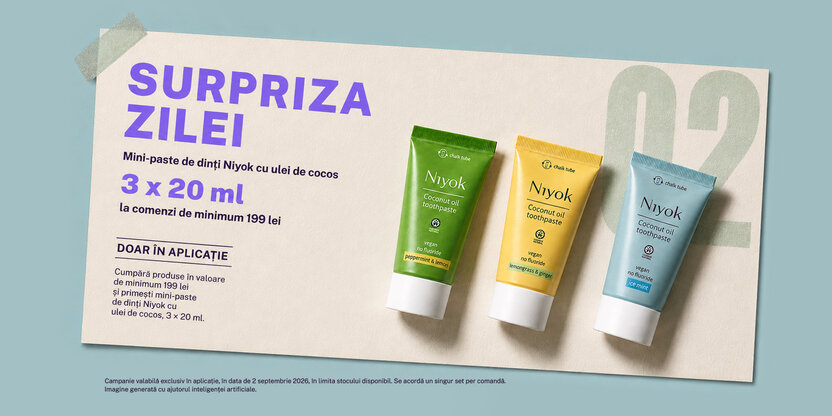 Surpriza zilei: mini-paste de dinți Niyok cu ulei de cocos, 3 x 20 ml  Cumpără produse în valoare de minimum 199 lei și primești mini-paste de dinți Niyok cu ulei de cocos, 3 x 20 ml.